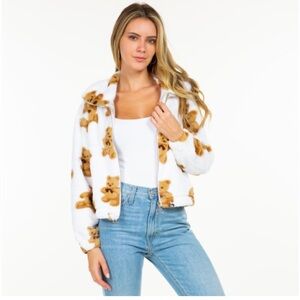 FIRE & FLEUR Teddy Bear Print‎ Zip Up Sweatshirt Jacket Hoodie Jrs 2XL fits XL